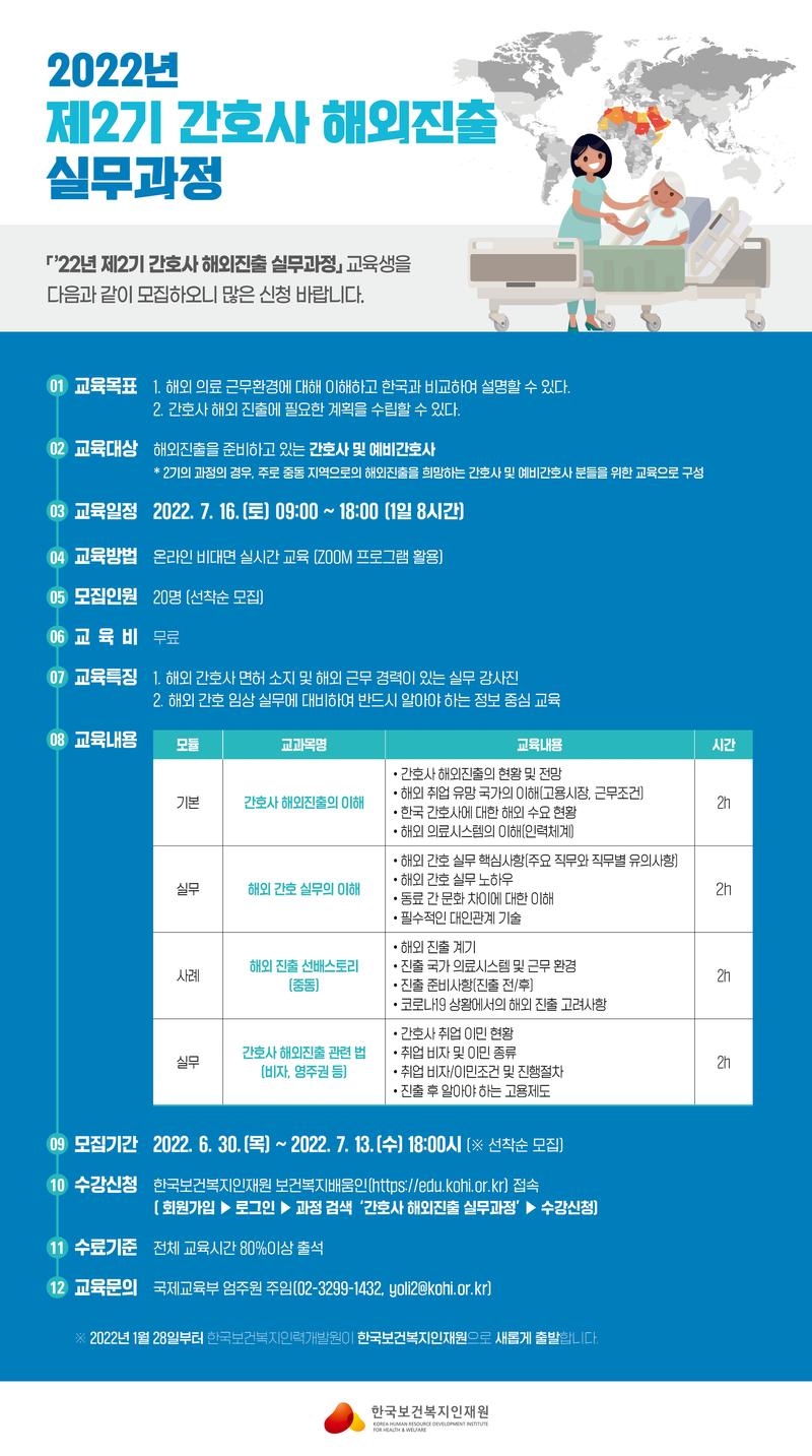 한국보건복지인재원_2022년 제2기 간호사 해외진출 실무과정 포스터