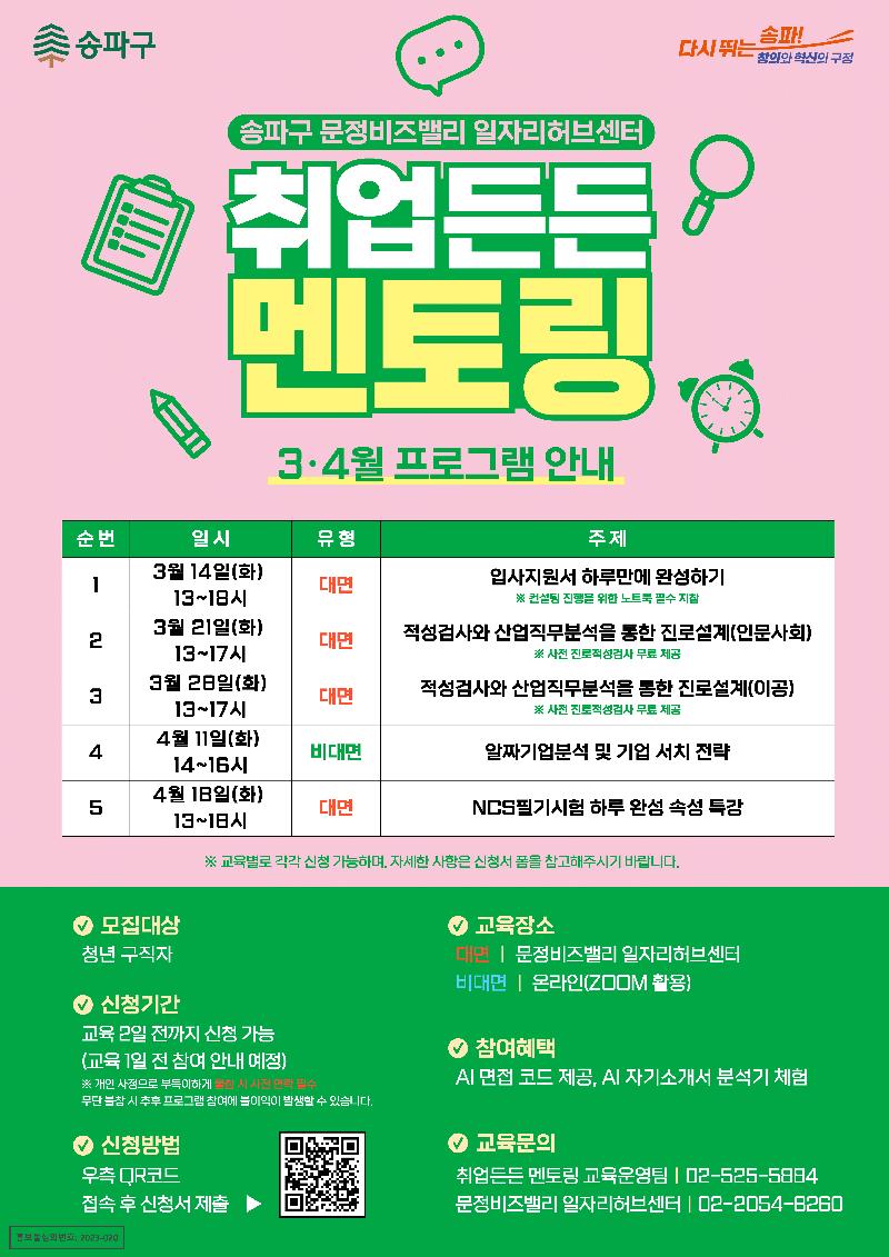 [송파구 4월] 취업든든멘토링 ['알짜기업분석', 'NCS 특강'] 참여자 모집 포스터