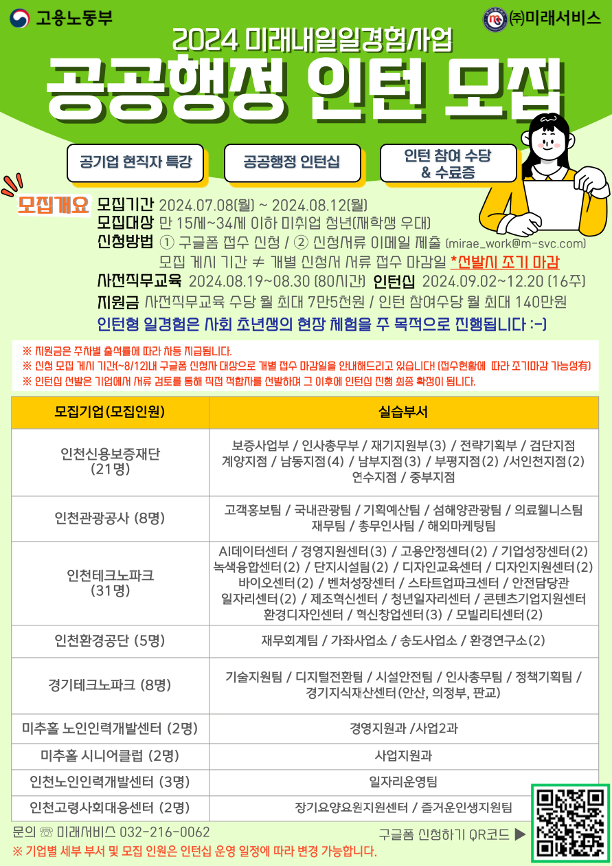 [고용노동부] [미래내일일경험] 2024 공공행정 3차 인턴 모집 포스터