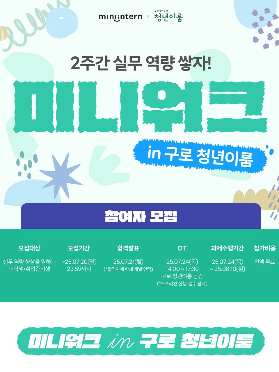 [미니워크 in 구로 청년이룸] 2주간 실무 역량 쌓자! 미니워크 참여자 모집 포스터