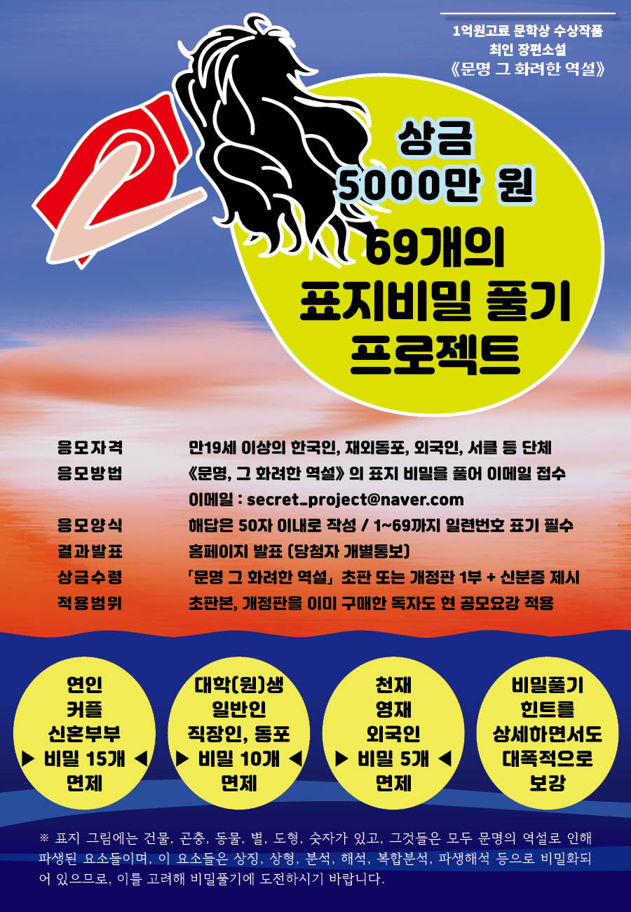 제40회 《문명 그 화려한 역설》 69개의 표지비밀 풀기 프로젝트 공모 (1억고료 문학상 수상작) 포스터