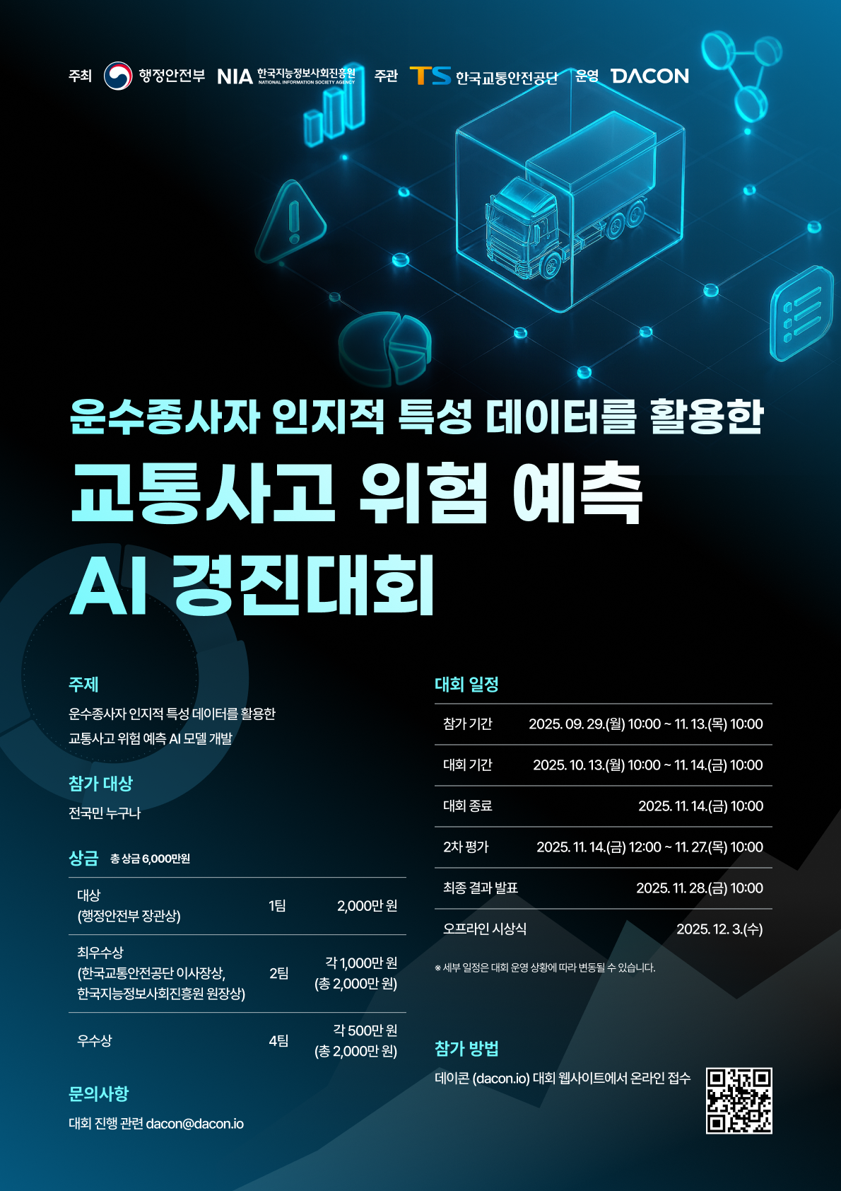 [데이콘] 운수종사자 인지적 특성 데이터를 활용한 교통사고 위험 예측 AI 경진대회(~11/14) 포스터