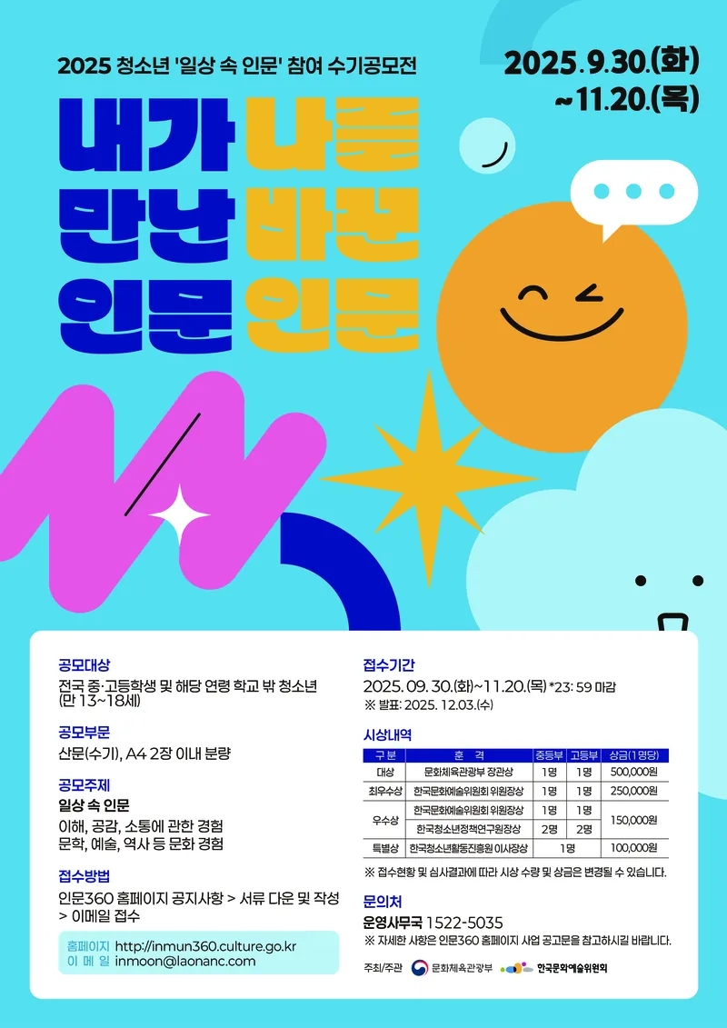 2025 청소년 '일상 속 인문' 참여 수기공모전 포스터