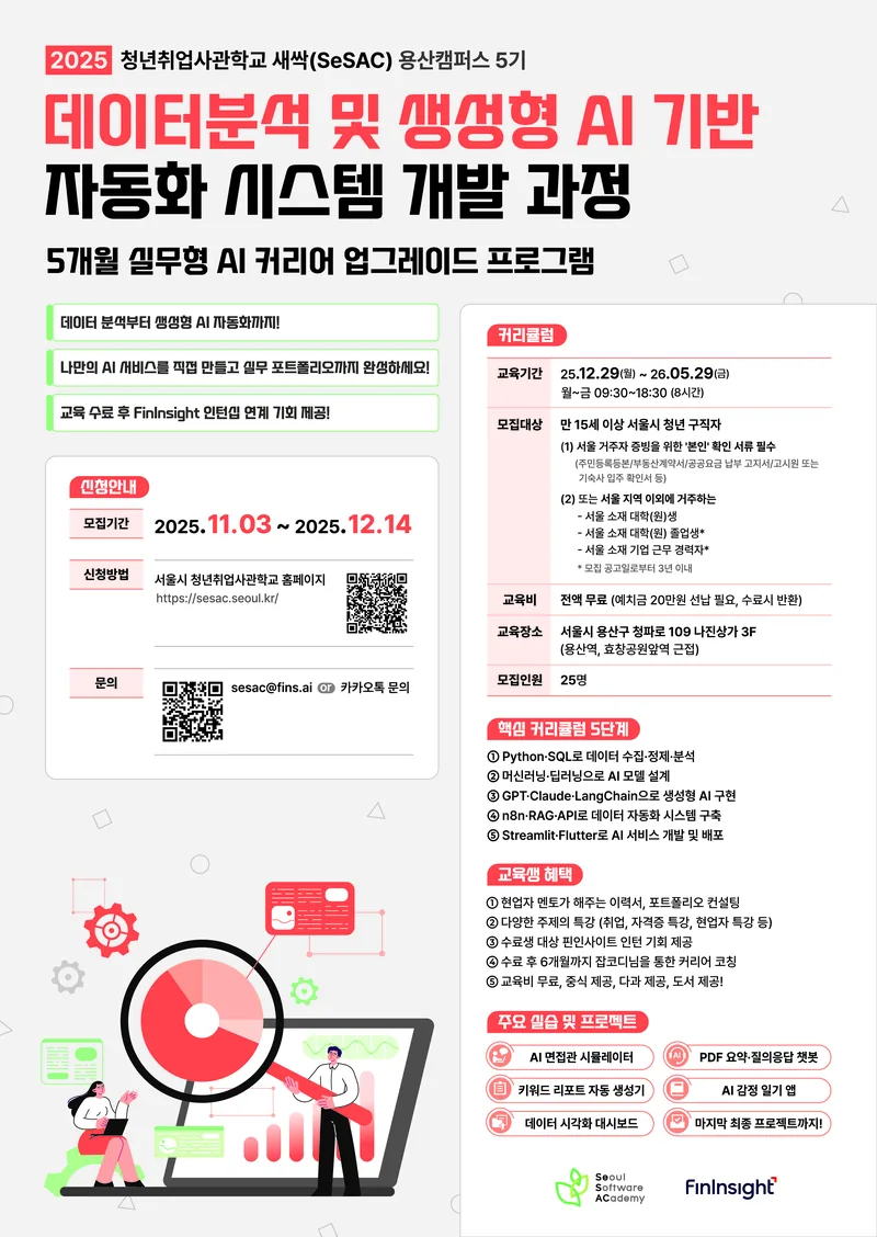 ★인턴 연계★ [새싹 용산캠퍼스 5기] 데이터 분석 및 생성형 AI 기반 자동화 시스템 개발 과정 교육생 모집 (~12/14) 포스터