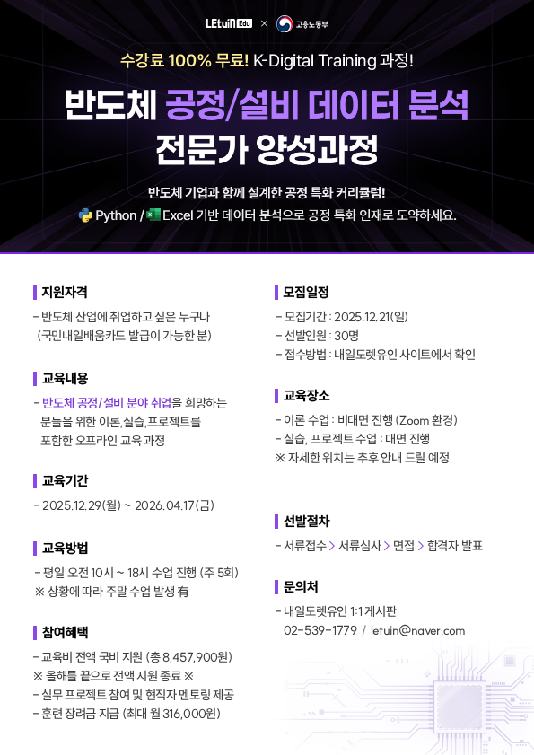 [K-Digital Training]  렛유인에듀X고용노동부 반도체 공정 설비데이터 분석 전문가 양성 과정 포스터