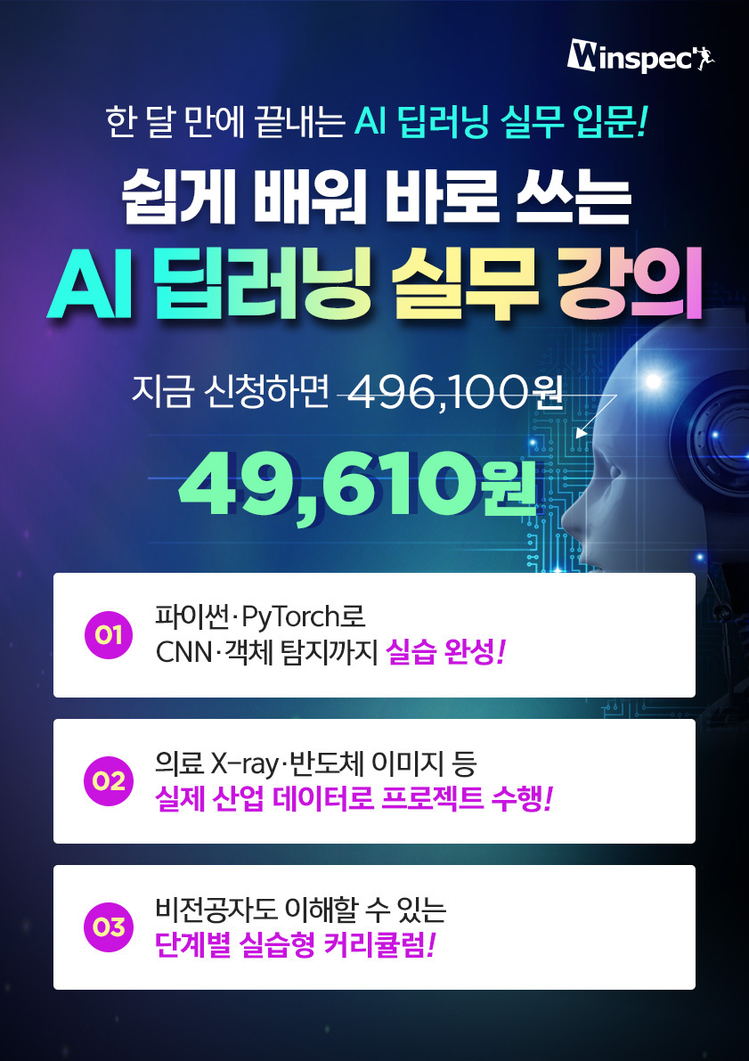 [윈스펙] 쉽게 배워 바로 쓰는 AI 딥러닝 실무 과정 포스터