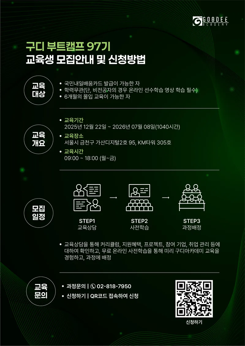 [구디] 💡 국비 100% 지원! Java 백엔드 개발자 6개월 몰입 과정 모집 (~12/22) 포스터