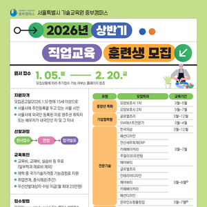 [서울특별시 기술교육원 중부캠퍼스] 2026년 상반기 서울시 전액지원 직업훈련생 모집