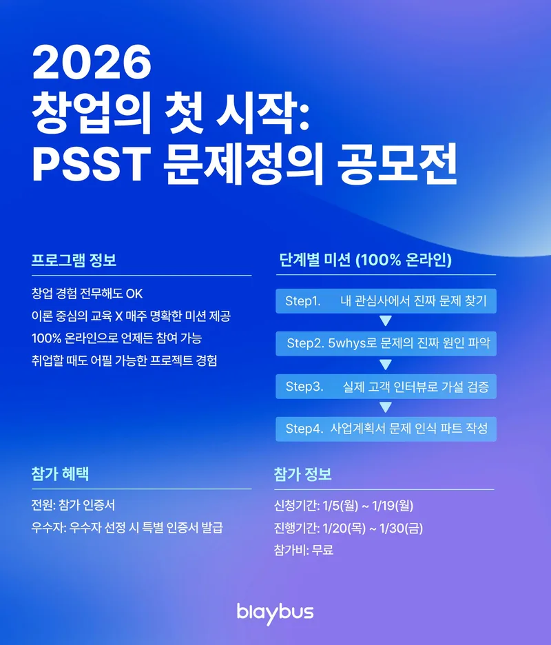 [Blaybus] 창업의 첫 시작 : PSST 문제 정의 공모전 포스터