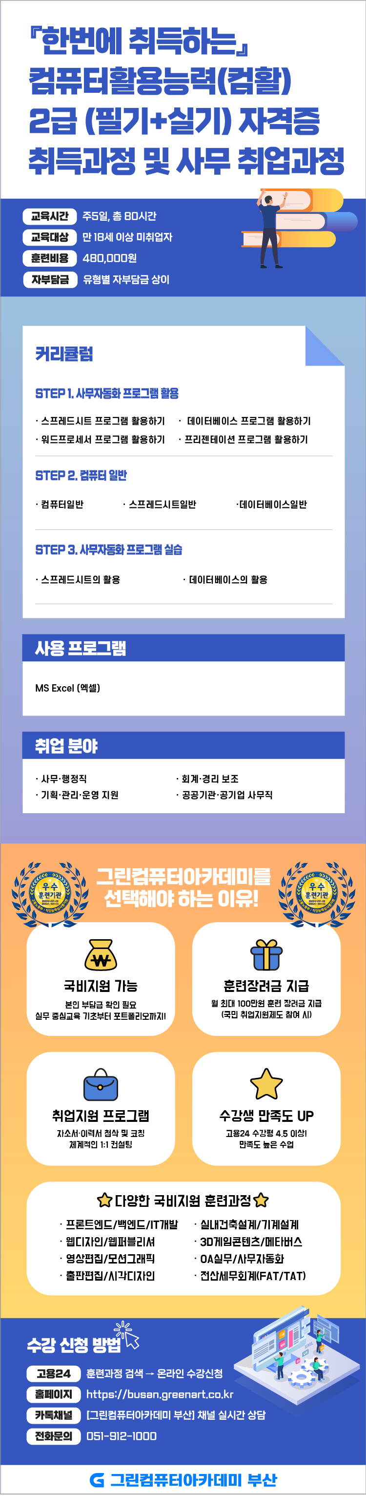 『한번에 취득하는』컴퓨터활용능력(컴활) 2급 (필기+실기) 자격증 취득과정 및 사무 취업과정 포스터